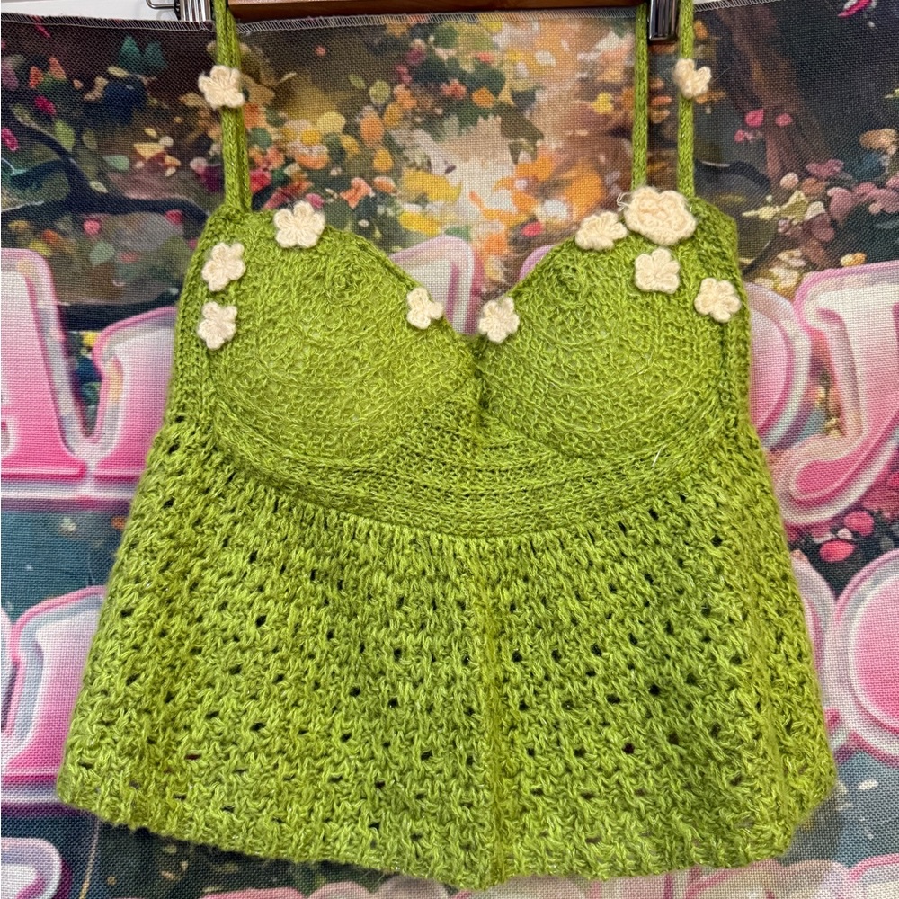 Crocheted Green Floral Trim Tank Top